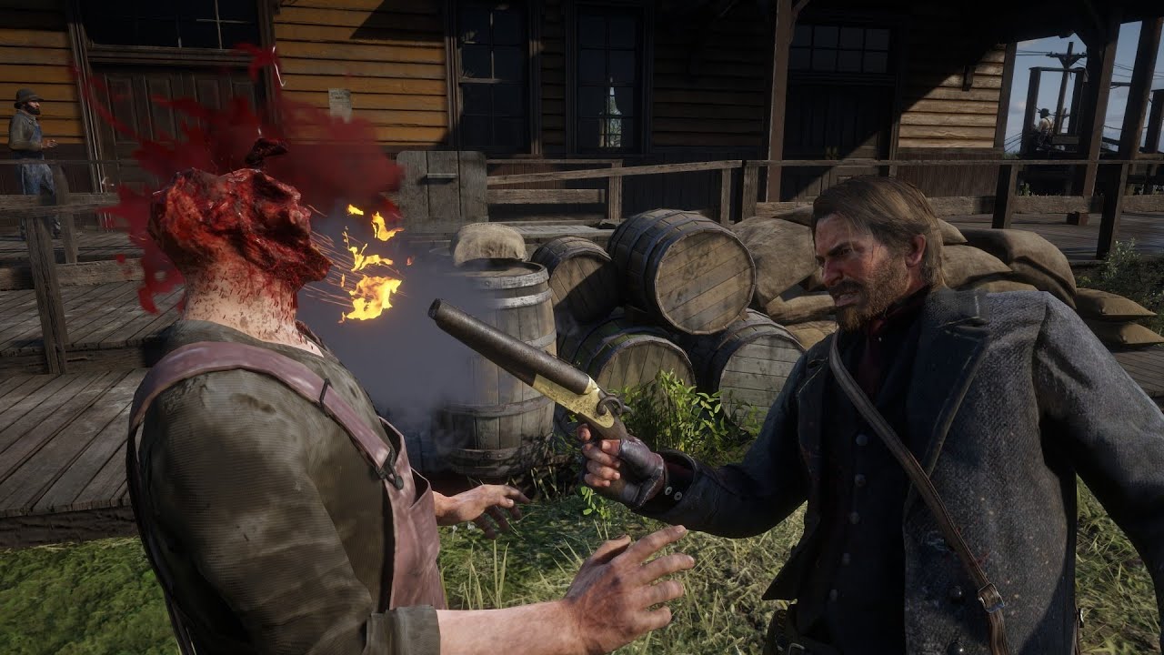 a grizzled cowboy blows the face off an old timey guy's face with a sawn off shotgun.